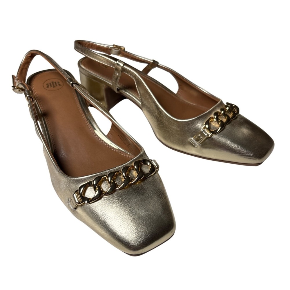 River Island Size 39/6 Gold Chain Shoe Slingback Gold‎ Block Heel New Career